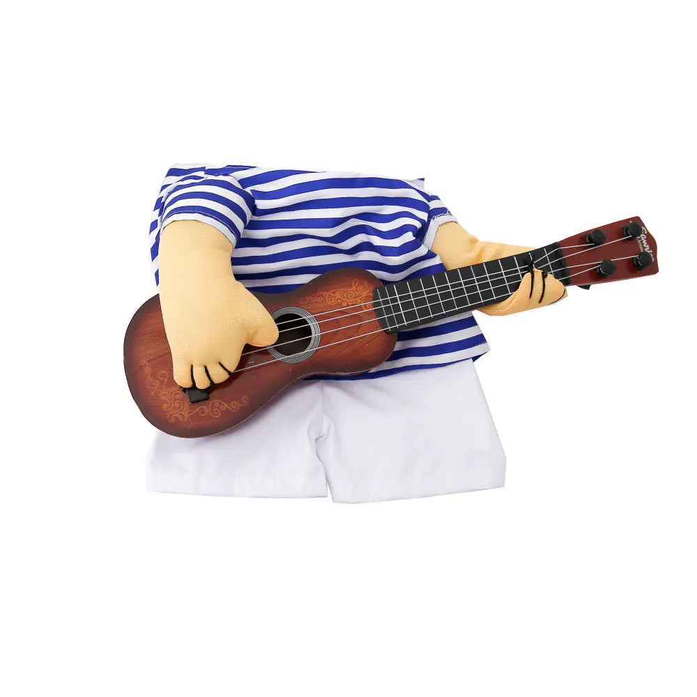 Pet guitarist costume for dogs with striped shirt and guitar prop, comfortable soft cotton dress-up outfit
