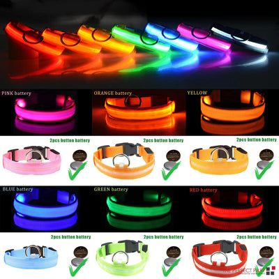 LED adjustable dog collars glowing in multiple colors with blinking and flashing light modes, powered by button batteries for pet safety.