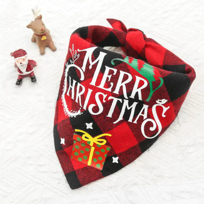 Double-layer pet scarf in red and black check with Merry Christmas design and gift illustration