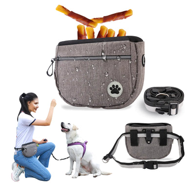 Grey dog training snack bag with water-resistant Oxford fabric, treats pocket, and adjustable belt for outdoor walks and training sessions