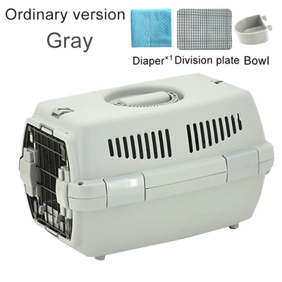 Gray pet carrier with handle and ventilation slots, including diaper, division plate, and bowl accessories
