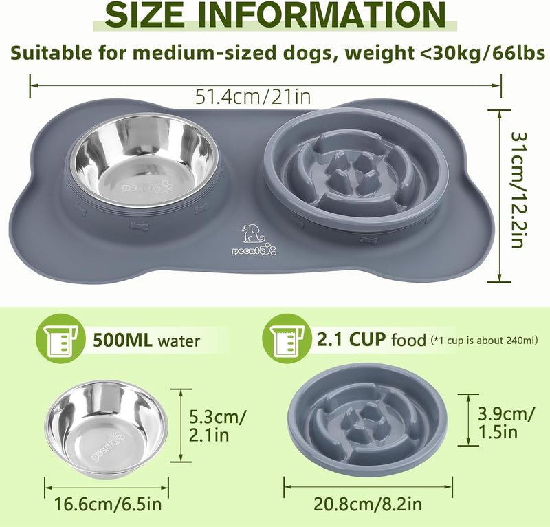 Dog Bowl Slow Feeder Bloat Stop Pet Bowl Eco-Friendly Non-Toxic No Choking Healthy Design Bowl with No-Spill Non-Skid Silicone Mat Stainless Steel Water Bowl for Dogs Pets