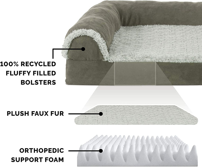 Orthopedic Dog Bed for Large Dogs W/ Removable Bolsters & Washable Cover, for Dogs up to 95 Lbs - Two-Tone Plush Faux Fur & Suede L Shaped Chaise - Dark Sage, Jumbo/Xl