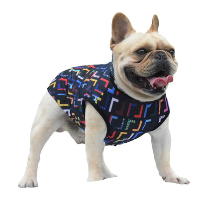 French bulldog wearing a colorful New Letter Full Print Dog Vest pet outfit