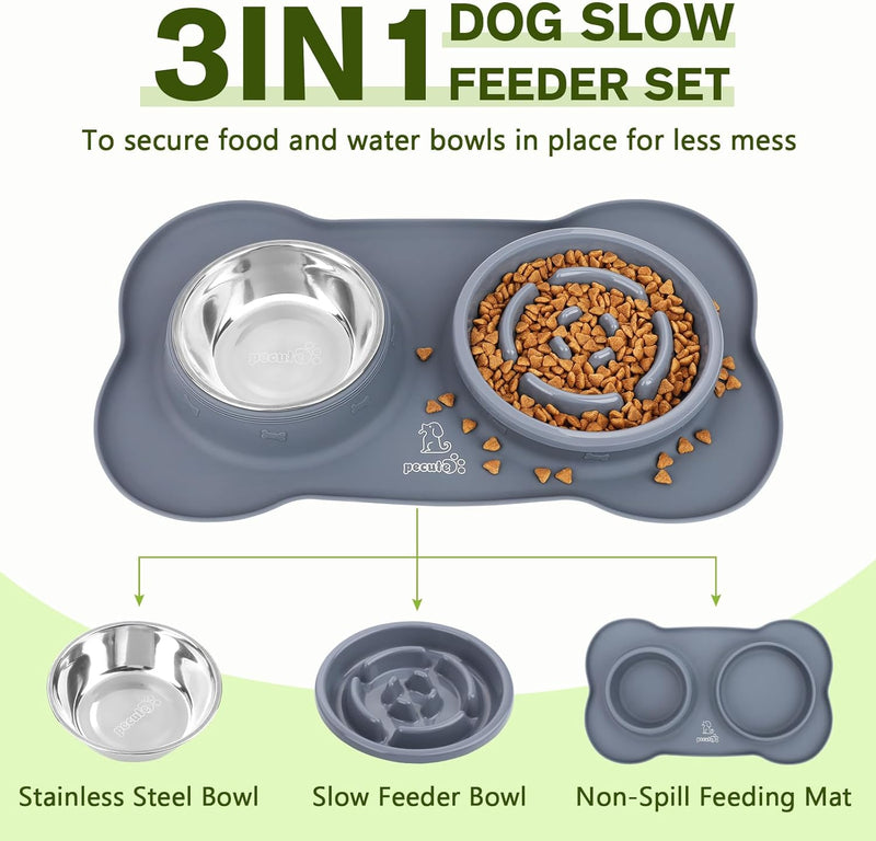 Dog Bowl Slow Feeder Bloat Stop Pet Bowl Eco-Friendly Non-Toxic No Choking Healthy Design Bowl with No-Spill Non-Skid Silicone Mat Stainless Steel Water Bowl for Dogs Pets