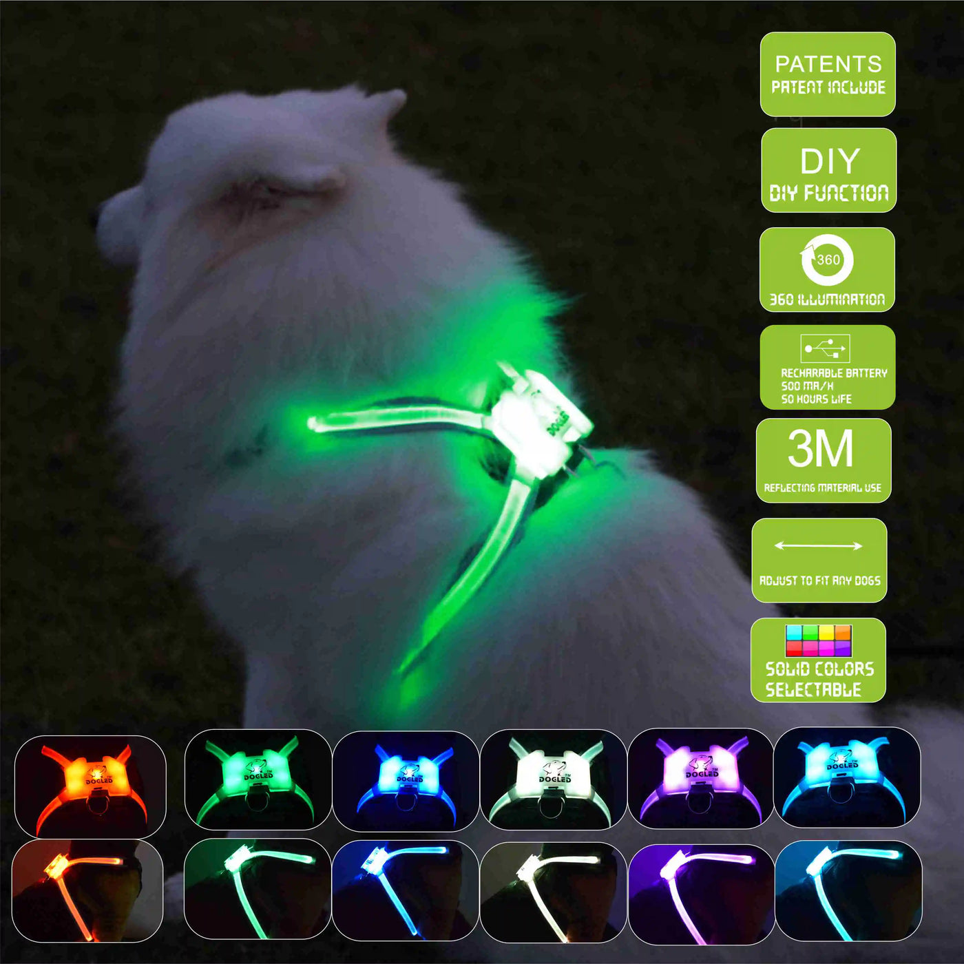 LED rechargeable silicone luminous dog collar glowing in green on white dog at night with multiple color options and safety features displayed