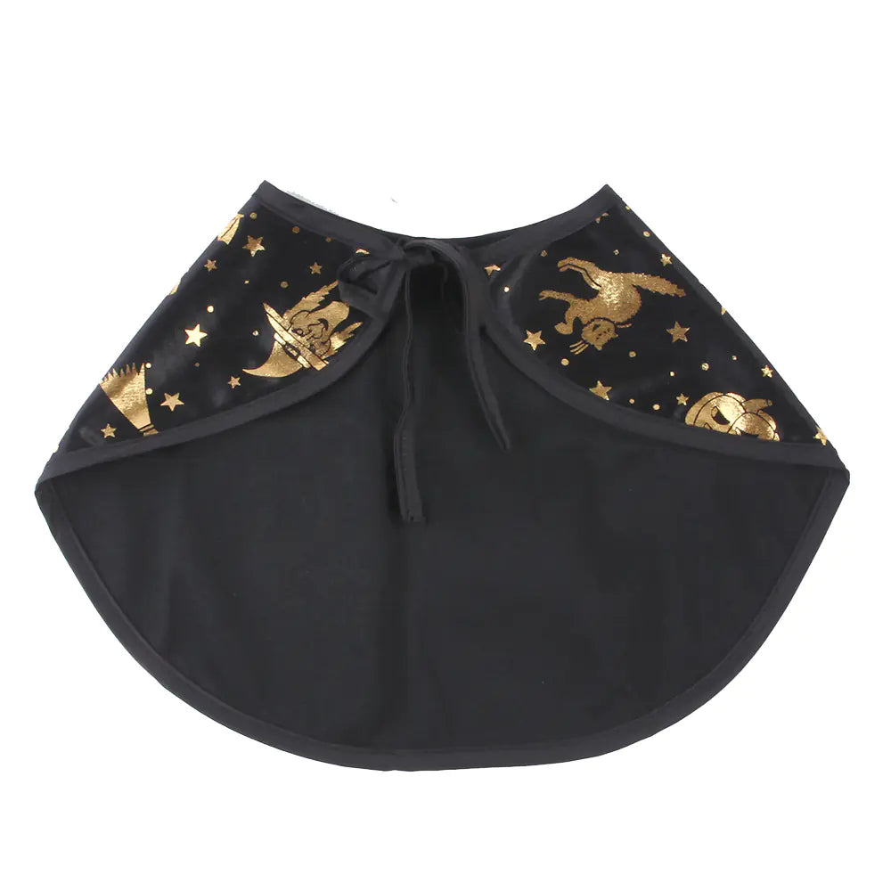 Black Halloween wizard cloak for pets with gold mystical prints and tie closure