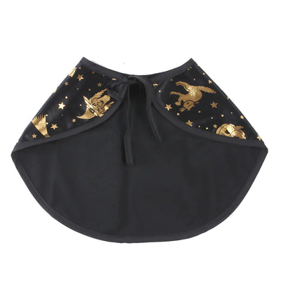 Black Halloween wizard cloak for pets with gold mystical prints and tie closure