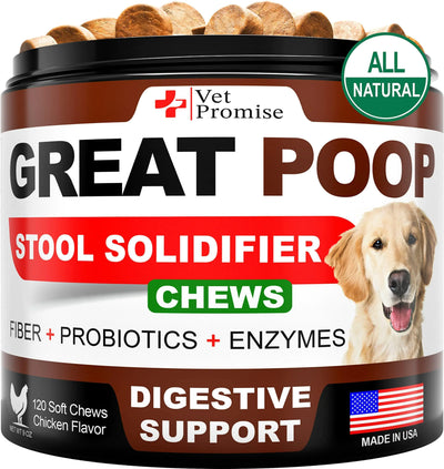 Great Poop Probiotics dog stool softener chews for digestive support with fiber, probiotics, and enzymes, chicken flavor, 120 count, made in USA