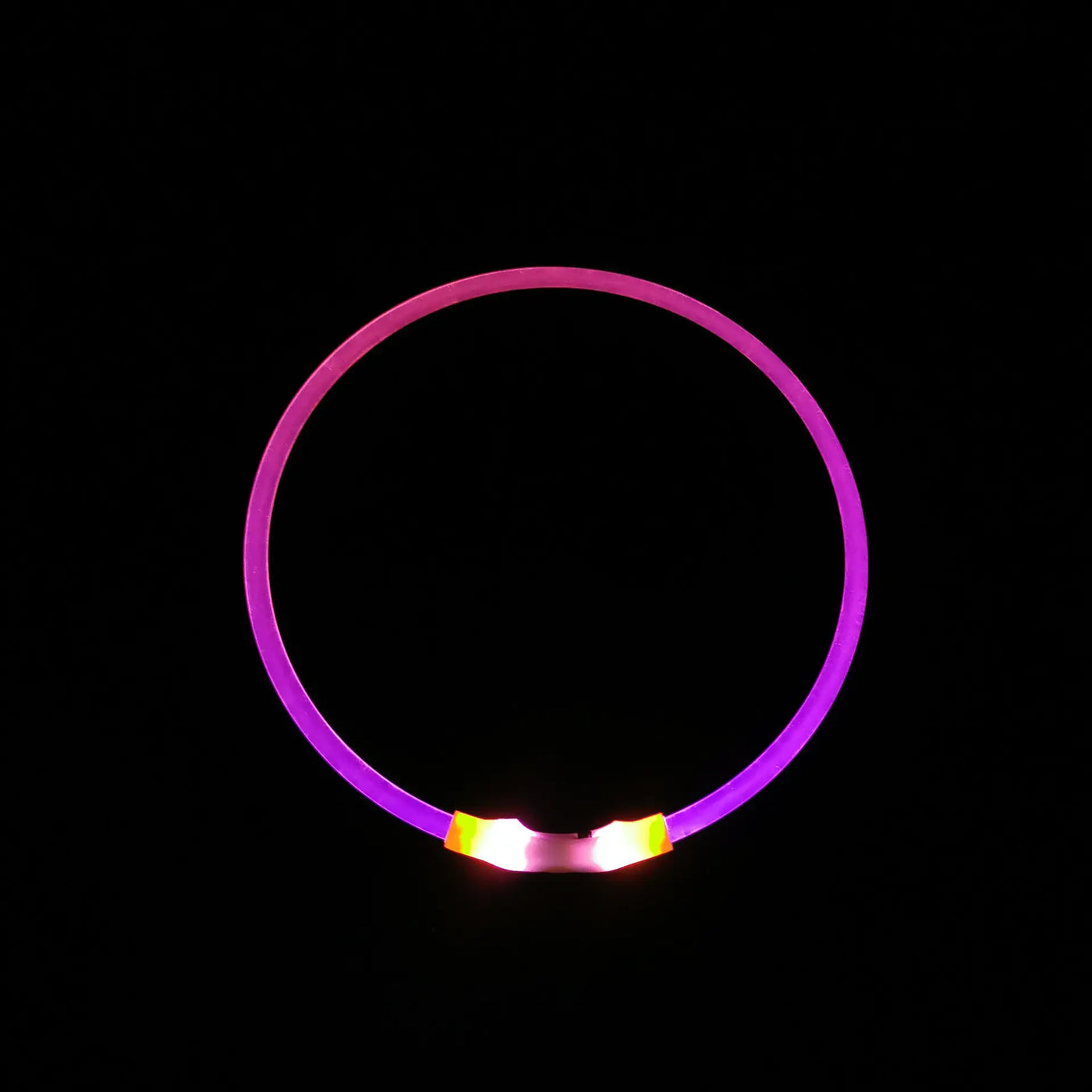 USB rechargeable luminous dog collar glowing pink with bright LED lights against black background