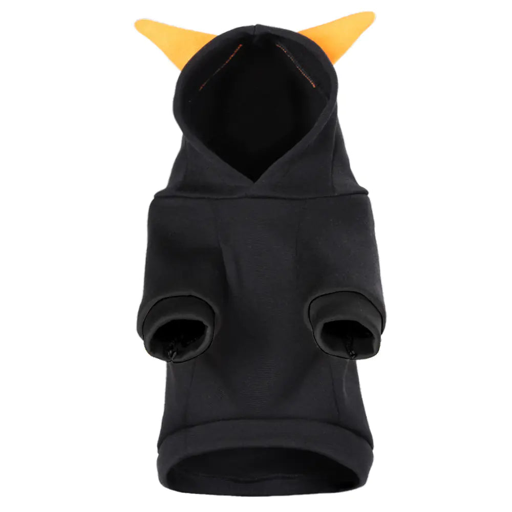black Halloween pumpkin sweater for dogs with orange horned hood
