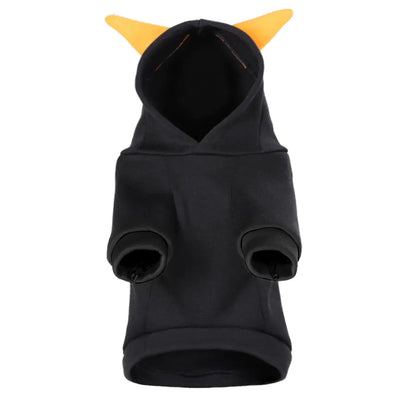 black Halloween pumpkin sweater for dogs with orange horned hood
