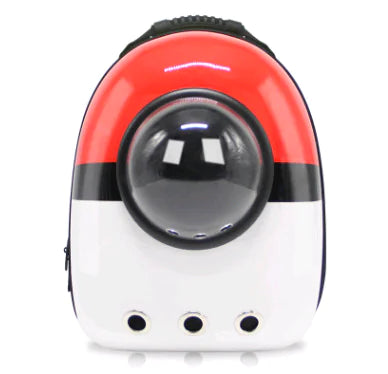 Pet Space Capsule Carrier backpack with transparent bubble window for cats and dogs, durable PVC material in red, white, and black design