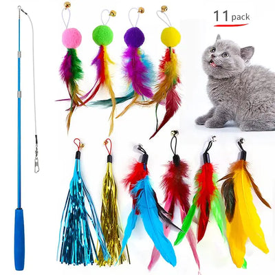 Retractable cat feather toy set with 11 colorful feather and ribbon attachments and a blue ergonomic wand for indoor cats playing.