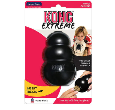 Black gourd-shaped durable rubber chew toy for dogs with treat dispenser by KONG Extreme