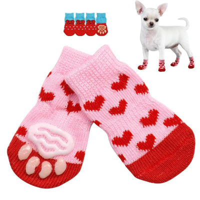 Knitted anti-slip pink pet socks with red hearts for dogs and cats, warm and festive Christmas style