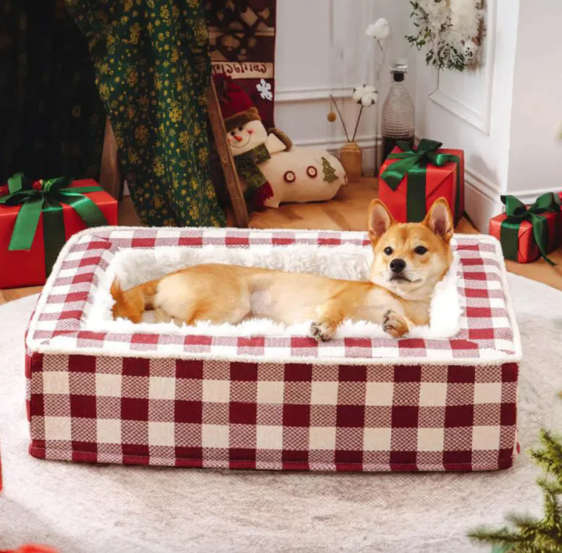 Classic Plaid Pet Bed with red plaid pattern and soft cozy interior featuring a dog lying comfortably inside