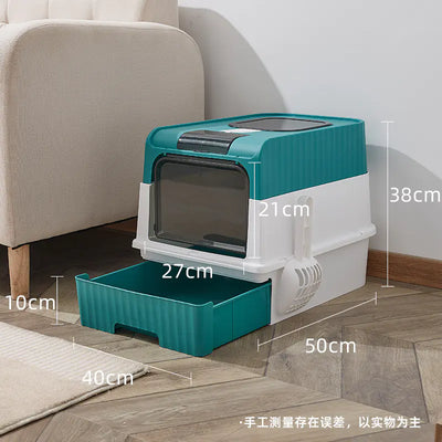 Large fully enclosed cat litter box with drawer-type design and anti-splash feature in teal and white color.