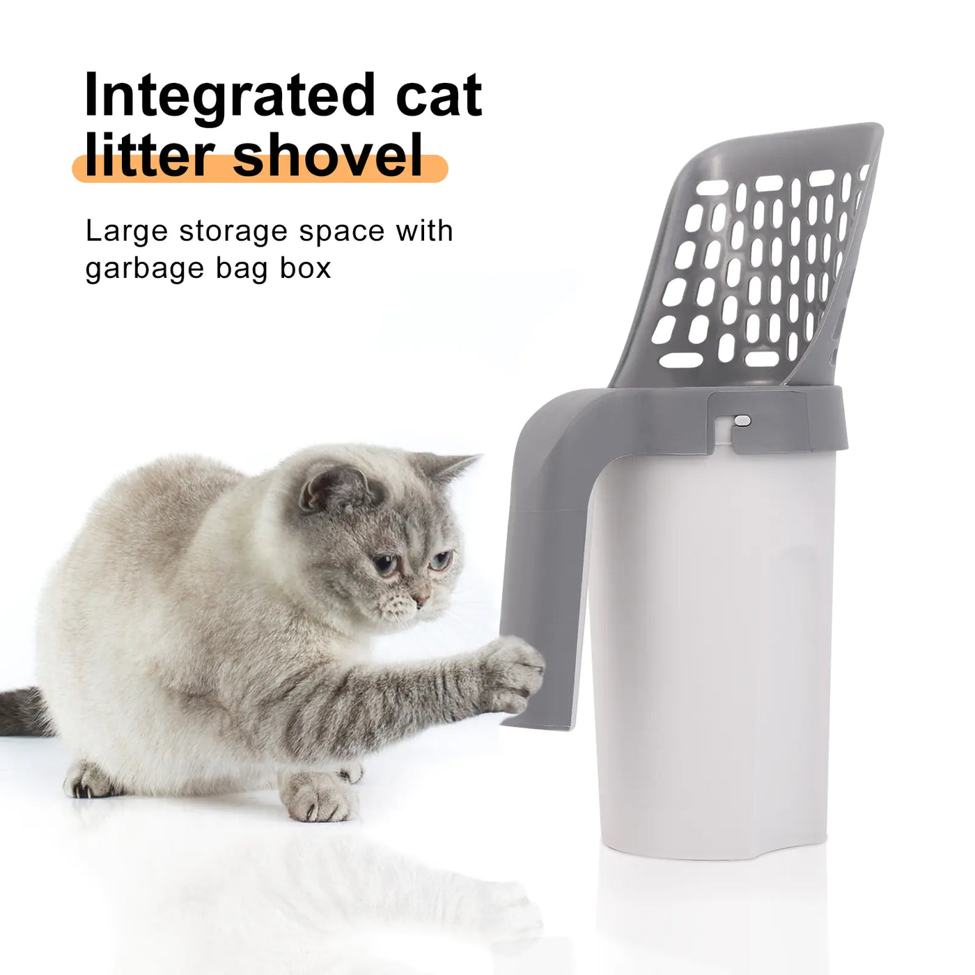 Portable cat litter scoop with integrated filter and built-in trash bag container in gray color