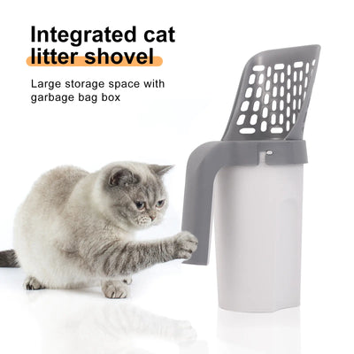 Portable cat litter scoop with integrated filter and built-in trash bag container in gray color
