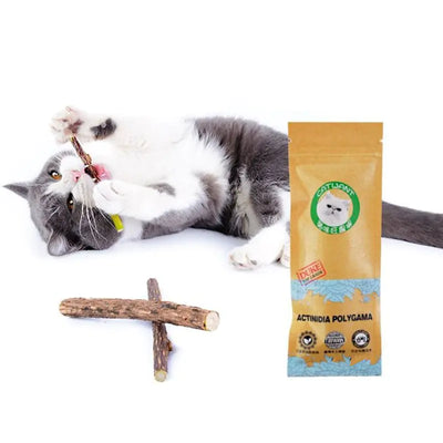 Cat playing with Catnip Wooden Sticks cat treats from Cat Farm next to product packaging