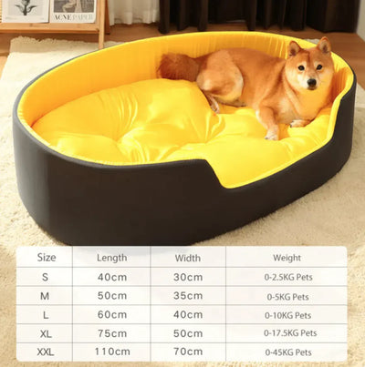 Pet Nest Dog Bed with yellow cushion and a dog lying inside, available in multiple sizes for pets up to 45kg