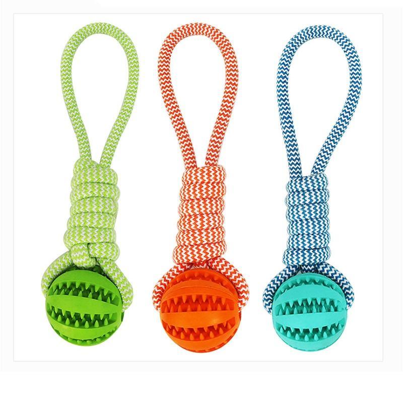  Descriptions:

A high-quality bite-resistant cotton rope that is safe and tasteless. The material is soft and doesn't hurt your dog's teeth. 
Usage: The dog's chew Durable Rubber Ball Chew Toy with Cotton RopeToysTeal ZeusDean's Pet Outlet Durable Rubber Ball Chew Toy