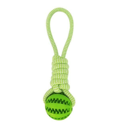  Descriptions:

A high-quality bite-resistant cotton rope that is safe and tasteless. The material is soft and doesn't hurt your dog's teeth. 
Usage: The dog's chew Durable Rubber Ball Chew Toy with Cotton RopeToysTeal ZeusDean's Pet Outlet Durable Rubber Ball Chew Toy