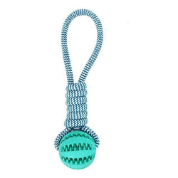  Descriptions:

A high-quality bite-resistant cotton rope that is safe and tasteless. The material is soft and doesn't hurt your dog's teeth. 
Usage: The dog's chew Durable Rubber Ball Chew Toy with Cotton RopeToysTeal ZeusDean's Pet Outlet Durable Rubber Ball Chew Toy