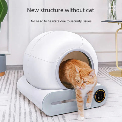 Large white automatic cat litter box with enclosed design and digital control panel, featuring a cat exiting the box