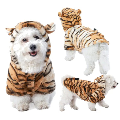 White fluffy dog wearing cozy tiger print pet clothes tiger grain outfit with hood and ears, shown from front, back, and side angles