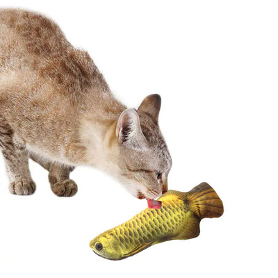 Cat playing with a colorful fish-shaped plush toy filled with catnip for interactive fun and exercise