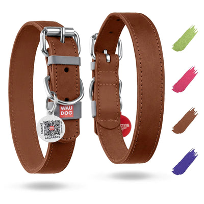 Brown long-lasting genuine leather dog collar with durable metal buckle and smart QR tag for small dogs, adjustable 11-14 inch neck size