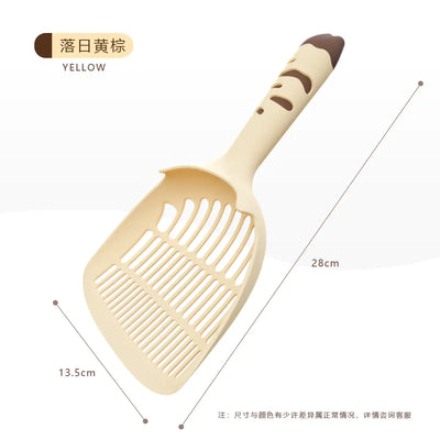 Large cat litter scoop with long handle and small holes in yellow, measuring 28cm by 13.5cm for easy cleaning.