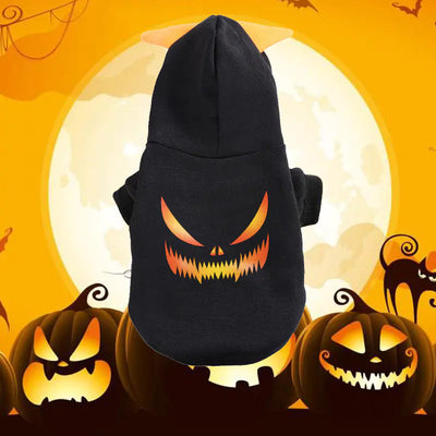 Black Halloween pumpkin sweater for dogs with spooky face design and hood