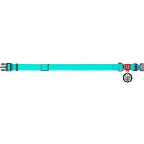 Waterproof bright turquoise adjustable dog collar with heavy-duty buckle and QR tag for medium dogs.