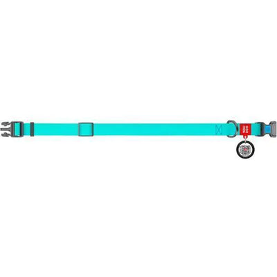 Waterproof bright turquoise adjustable dog collar with heavy-duty buckle and QR tag for medium dogs.