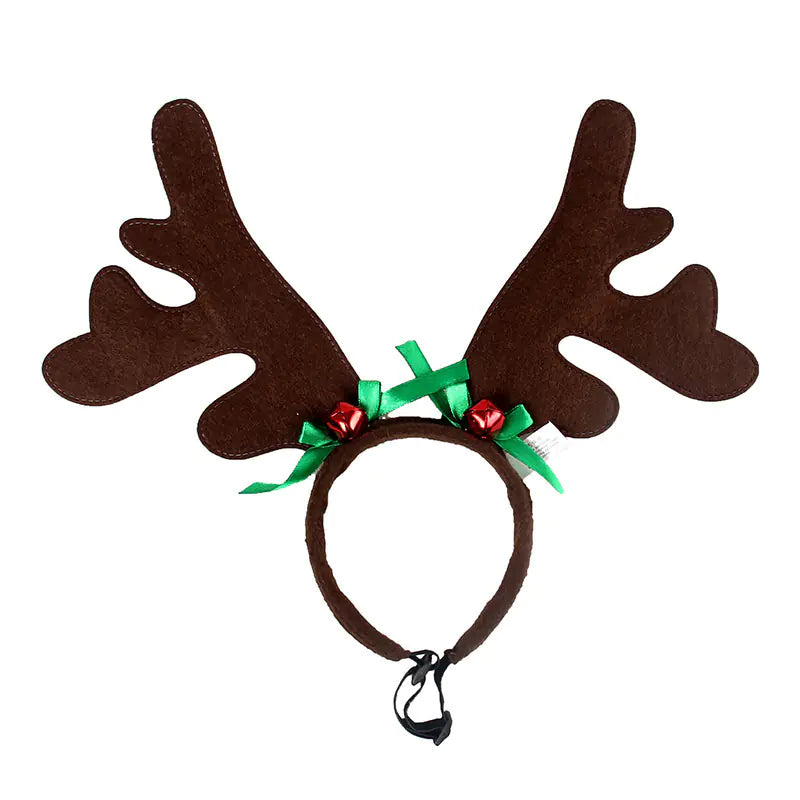 Christmas dog reindeer headband with brown antlers and green ribbon bows