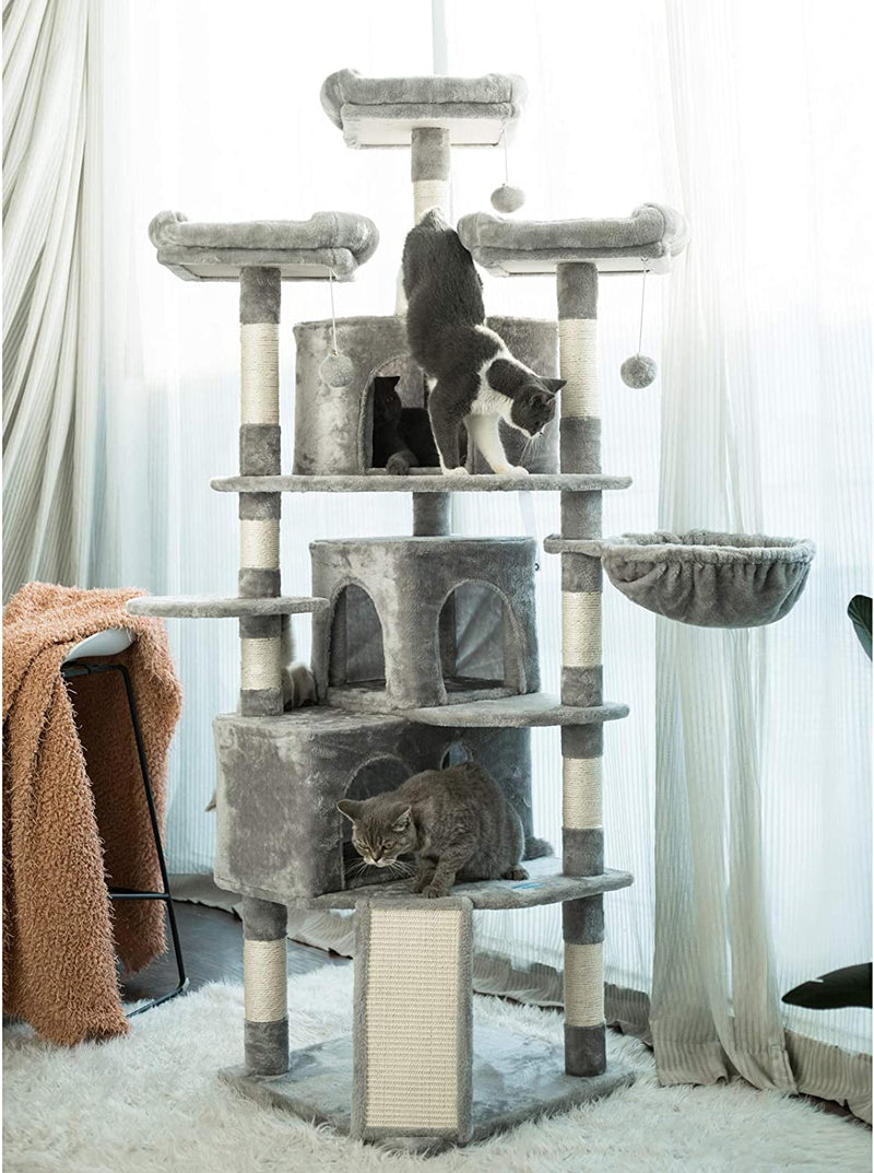 XL Size Cat Tree, 73.4 Inch Cat Tower with 3 Caves, 3 Cozy Perches, Scratching Posts, Board, Activity Center Stable for Kitten/Big Cat, Light Gray MPJ032W