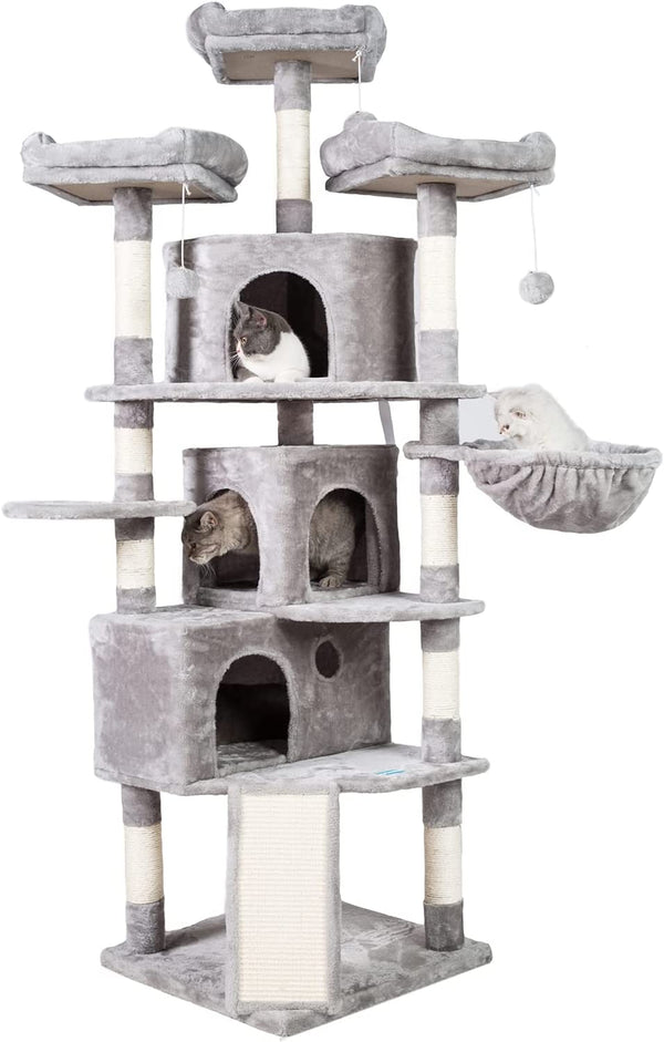 XL Size Cat Tree, 73.4 Inch Cat Tower with 3 Caves, 3 Cozy Perches, Scratching Posts, Board, Activity Center Stable for Kitten/Big Cat, Light Gray MPJ032W