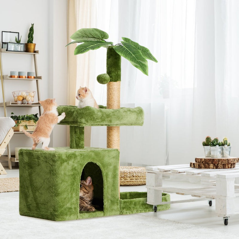 31.5" Cat Tree Cat Tower for Indoor Cats with Green Leaves, Cat Condo Cozy Plush Cat House with Hang Ball and Leaf Shape Design, Cat Furniture Pet House with Cat Scratching Posts, Green