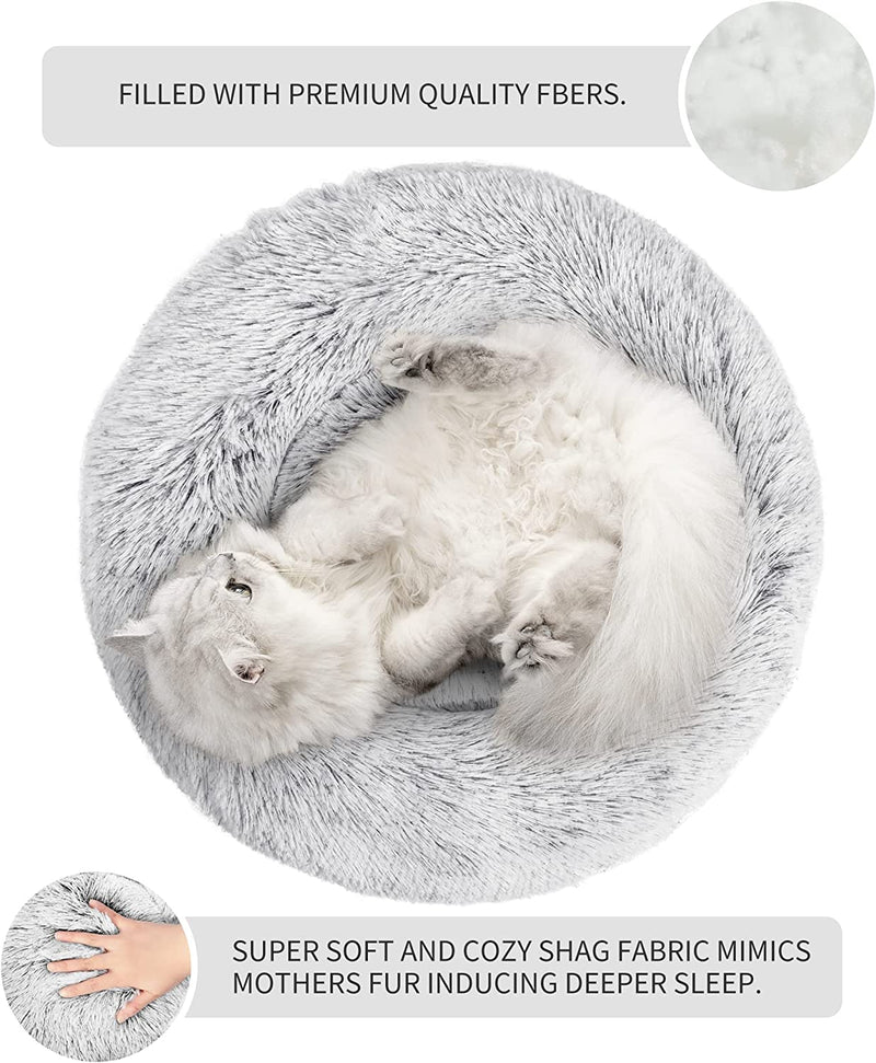 24In Cat Beds for Indoor Cats - Cat Bed with Machine Washable, Waterproof Bottom - Grey Fluffy Dog and Cat Calming Cushion Bed for Joint-Relief and Sleep Improvement