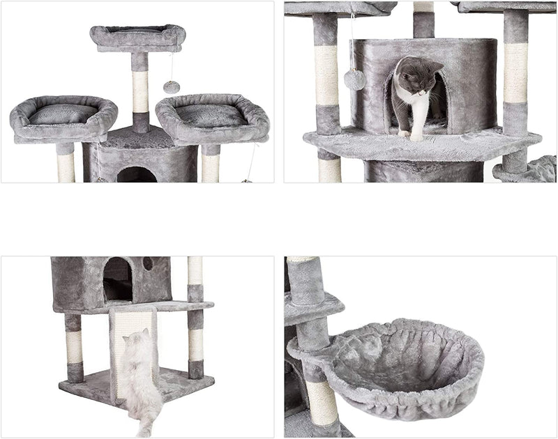 XL Size Cat Tree, 73.4 Inch Cat Tower with 3 Caves, 3 Cozy Perches, Scratching Posts, Board, Activity Center Stable for Kitten/Big Cat, Light Gray MPJ032W