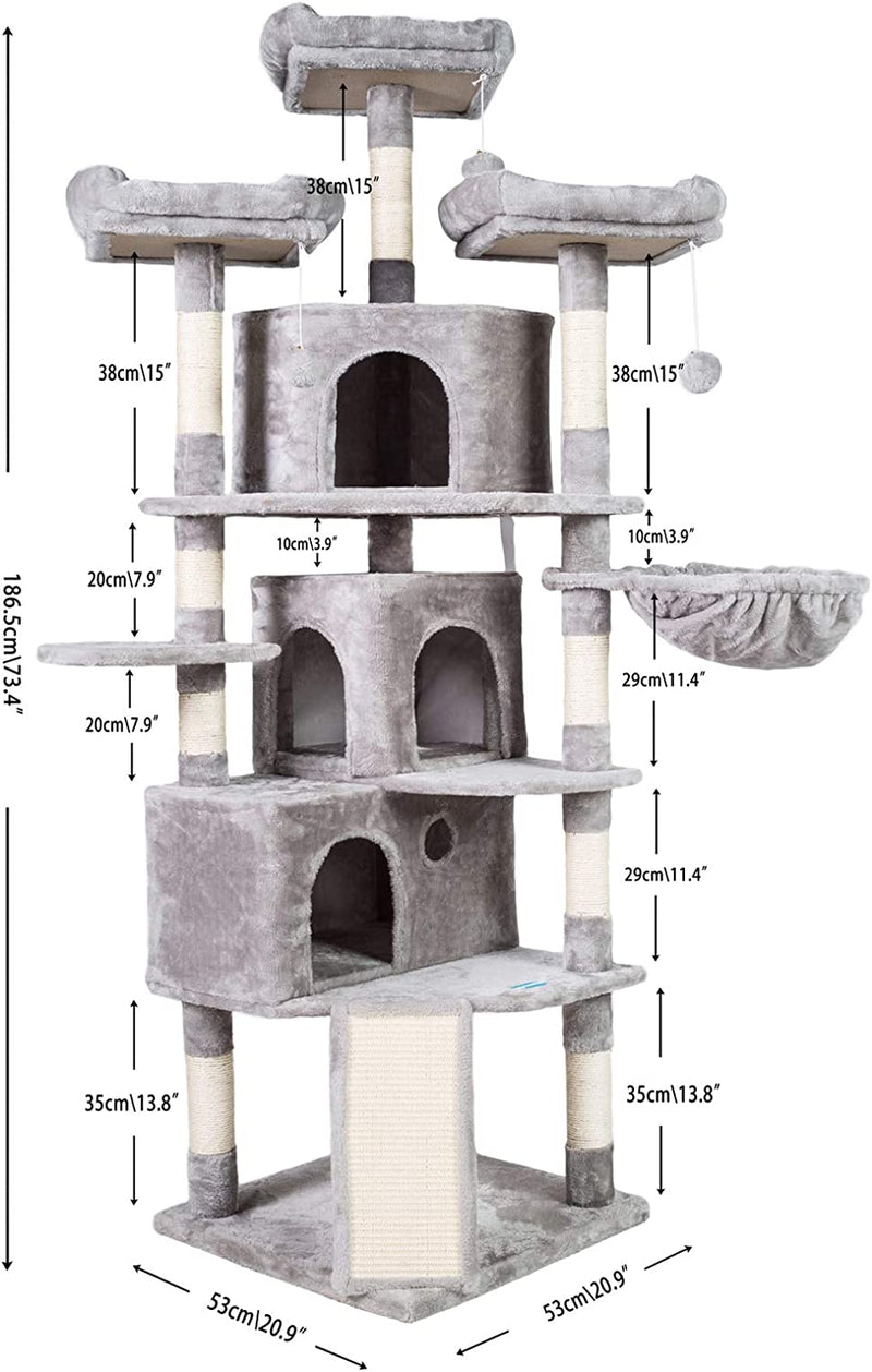 XL Size Cat Tree, 73.4 Inch Cat Tower with 3 Caves, 3 Cozy Perches, Scratching Posts, Board, Activity Center Stable for Kitten/Big Cat, Light Gray MPJ032W