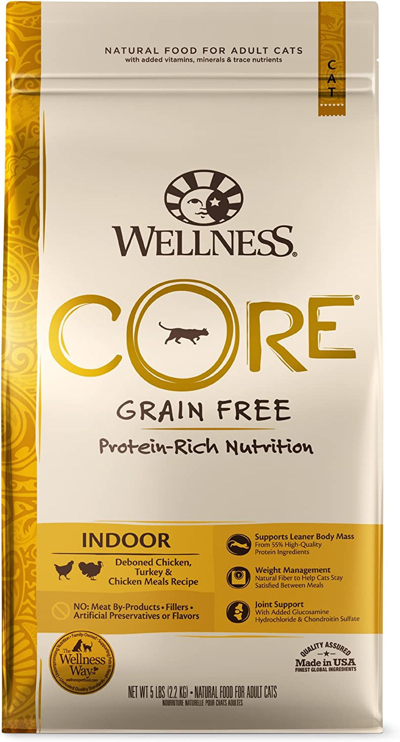 Wellness CORE Grain-Free Chicken, Turkey & Chicken Meal Indoor Formula Dry Cat Food, 5 Pound Bag