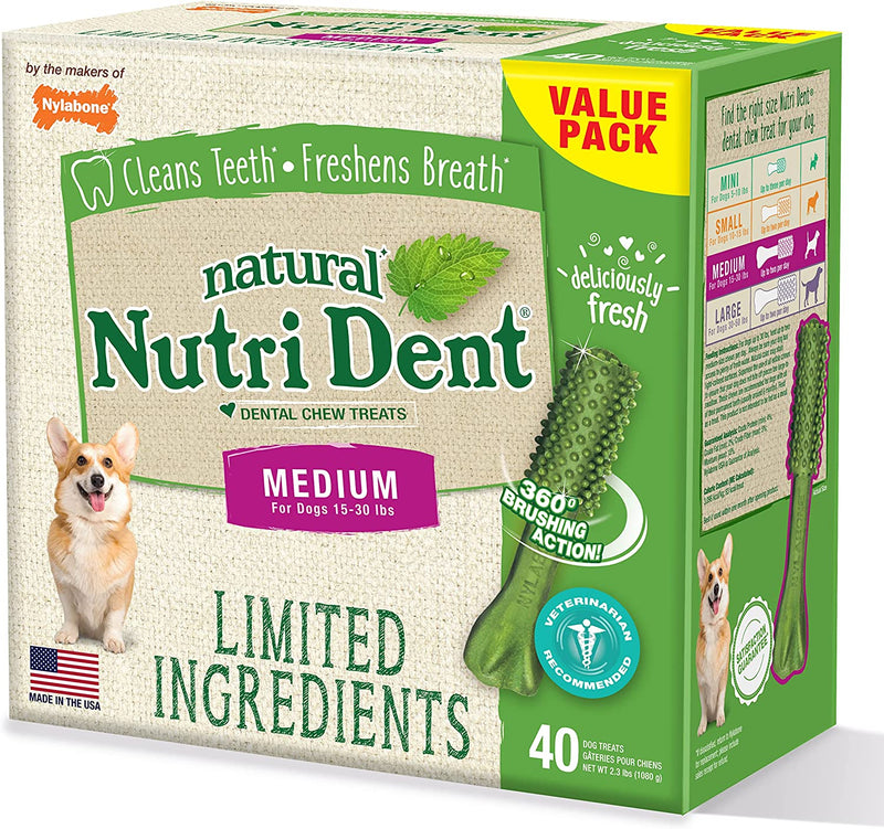 Nutri Dent Dog Dental Treats - Natural Dog Teeth Cleaning & Breath Freshener - Dental Treats for Dogs - Fresh Breath Flavor, Medium (40 Count)