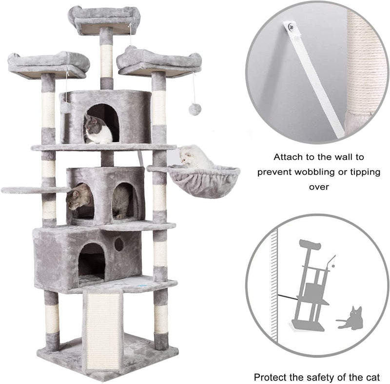 XL Size Cat Tree, 73.4 Inch Cat Tower with 3 Caves, 3 Cozy Perches, Scratching Posts, Board, Activity Center Stable for Kitten/Big Cat, Light Gray MPJ032W