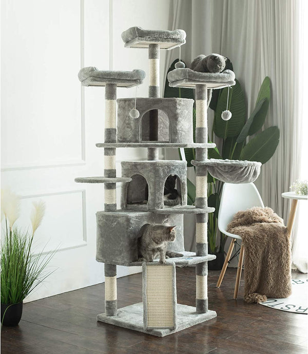 XL Size Cat Tree, 73.4 Inch Cat Tower with 3 Caves, 3 Cozy Perches, Scratching Posts, Board, Activity Center Stable for Kitten/Big Cat, Light Gray MPJ032W